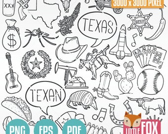 TEXAS, Doodle Icons. United States of America State. Doodle Icons Clipart Scrapbook. The Lone Star Set Coloring Line Art Design Collection.