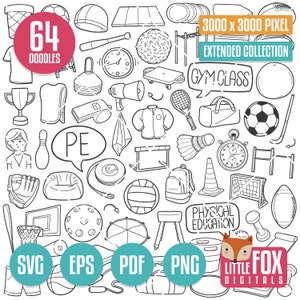 PHYSICAL EDUCATION SVG doodle vector icons. Gym Class Tools Healthy Sport Icons Clipart. School Pe Artwork Coloring Hand Drawn Sketch.