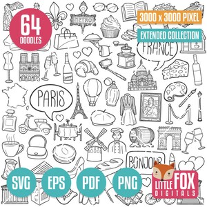 PARIS Frankreich SVG, Doodle Icon Vektor. Reise Urlaub Europa Doodle Icons Clipart Scrapbook Set Färbung Linie Kunst Hand gezeichnet Scribble.