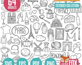PARIS France SVG, doodle icon vector. Travel Vacation Europe Doodle Icons Clipart Scrapbook Set Coloring Line Art Hand Drawn Scribble.