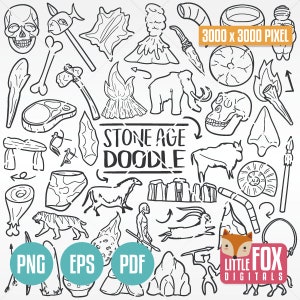 EDAD DE PIEDRA, Prehistoria Caveman Design Doodles. Old History Icons Clipart Scrapbook Set Hand Drawn Line Art Design Clip Art Coloring Sketch.