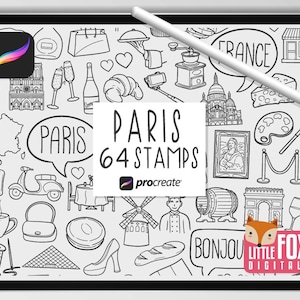 SELLOS DE PARÍS, Pinceles para Procreate, Iconos de viajes a Francia, Paquete de garabatos parisinos. Set de pegatinas digitales para álbumes de recortes y colorear.