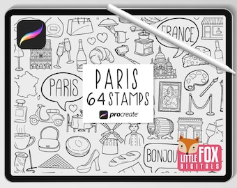 May include: A black and white digital stamp set featuring 64 illustrations of Parisian landmarks, food, and culture. The set is designed for use with the Procreate app. The stamps include images of the Eiffel Tower, the Louvre, croissants, wine glasses, and more.