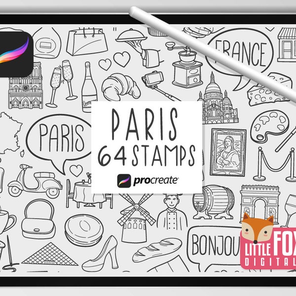 PARIS STAMPS, Procreate Brushes, Travel France Icons, Parisian Bundle Doodles. Landmark Clipart Digital Sticker Scrapbook Set Coloring.