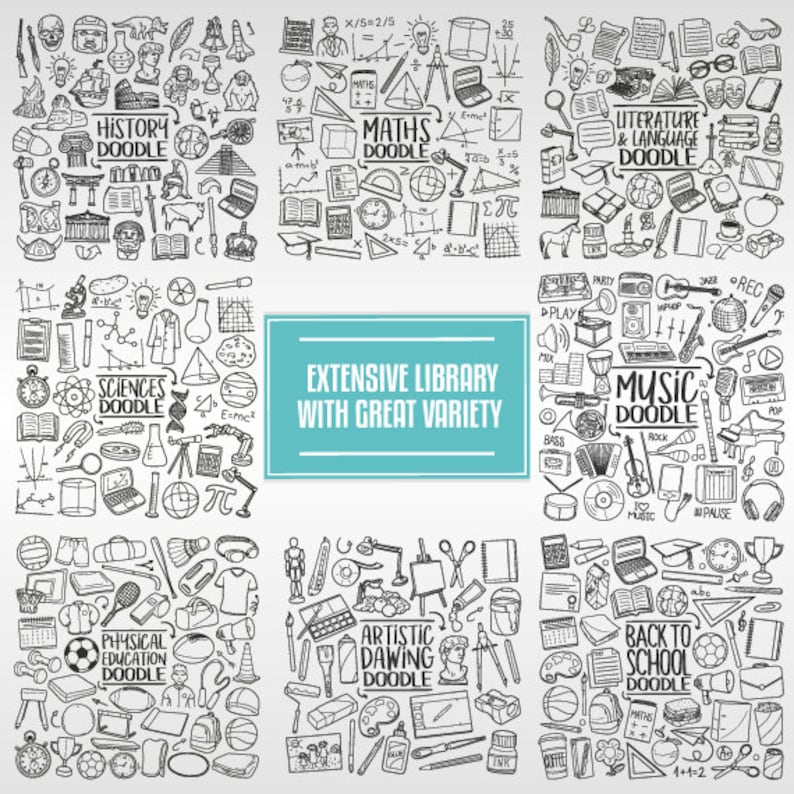 May include: A black and white doodle illustration of various school subjects, including history, math, science, music, physical education, literature, and art. The illustration includes text such as "History Doodle", "Math Doodle", "Science Doodle", "Music Doodle", "Physical Education Doodle", "Literature & Language Doodle", and "Artistic Drawing Doodle".