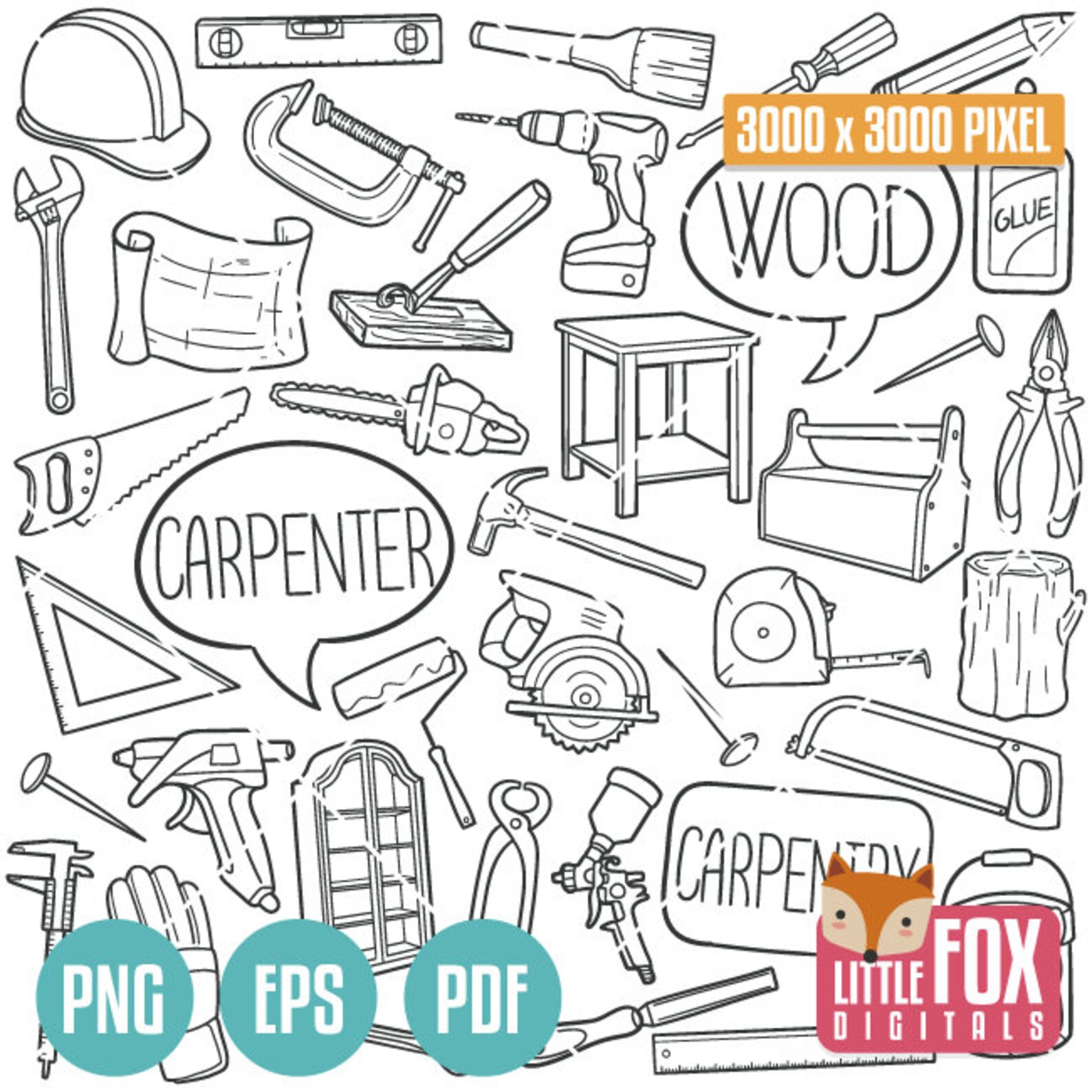 Carpenter Doodle Icons. Carpentry Clipart Scrapbook Vector Set ...