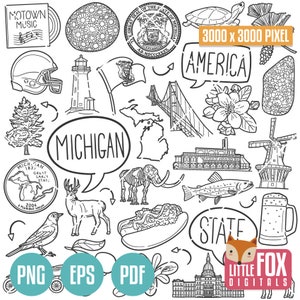 MICHIGAN State Symbols. American State Clipart. Detroit Lansing Ann Arbor Icons Doodle. Scrapbook. Hand Drawn Line Art. Design Artwork.