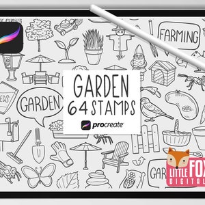 TIMBRES DE JARDIN, brosses à procréer, icônes printanières, gribouillages groupés. Sticker numérique clipart jardinage. Outils de jardinier à colorier pour scrapbooking.