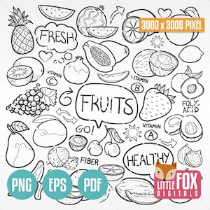 FRUITS, vecteur d'icône de doodle. Griffonnage végétarien d'aliments sains. Ensemble de cliparts scrapbooking dessinés à la main. Oeuvre d'art gribouillage croquis coloriage dessiné.