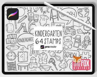KINDERGARTEN STAMPS, Procreate Brushes, Classroom, Preschool Icons, Bundle Baby Play Room Doodles. Digital Sticker Planner Scrapbooking Set.
