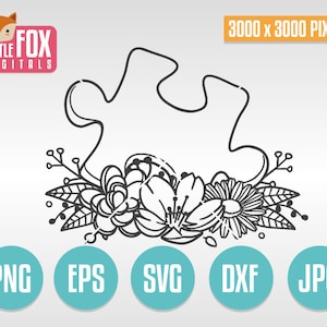 May include: Black and white line art design of a puzzle piece with a floral arrangement at the bottom. The floral arrangement includes leaves, flowers, and stems.