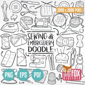 Icone degli strumenti CUCITO e RICAMO. Clipart di icone tradizionali fatte a mano di Doodle. Set di album per ritagli con linea disegnata a mano, set di disegni da colorare.