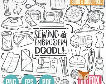 Könnte beinhalten: Eine Schwarzweiß-Doodle-Illustration von Näh- und Stickzubehör. Die Illustration enthält eine Nähmaschine, eine Schere, Garn, Nadeln, einen Fingerhut, ein Maßband und ein Stoffmuster. Der Text "SEWING & EMBROIDERY DOODLE" ist in Fettdruck oben in der Illustration geschrieben.