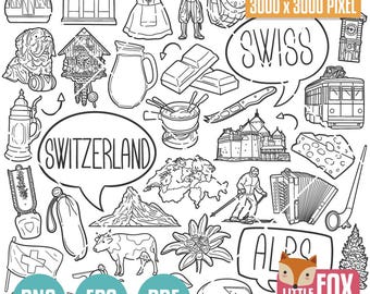 以下が含まれることがあります： スイスの文化的なアイコンの白黒イラスト。カッコウ時計、チーズ、チョコレート、牛、スイスの国旗など。テキストには「SWISS」、「SWITZERLAND」、「ALPS」が含まれています。画像には「PNG」、「EPS」、「PDF」とラベルが付けられています。