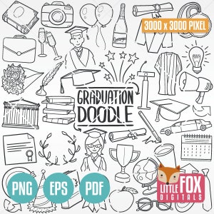 AFSTUDEERKLASSE, Schoolkrabbel. Grad Pictogrammen Clipart Scrapbook Set. Viering Dag Hand Getrokken Lijn Art Design. Kunstwerk Clip Art Kleurplaten.