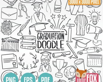 Graduation Doodle Clipart Set, Hand Drawn School Icons (PNG, EPS, PDF)