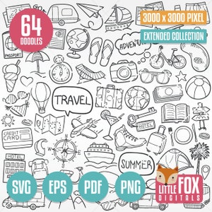 TIJD om te reizen, SVG doodle vector iconen. Reisvakanties Zomervakanties. Kleuren clipart lijn. Toerisme Handgetekende Krabbelontwerpen.