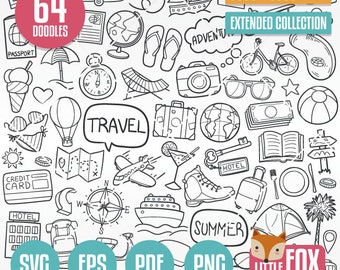 TIME to TRAVEL, SVG doodle vector icons. Traveling Holidays Summer Vacations. Coloring Clipart Line. Tourism Hand Drawn Scribble Designs.