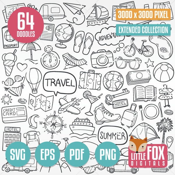 TIME to TRAVEL, SVG doodle vector icons. Traveling Holidays Summer Vacations. Coloring Clipart Line. Tourism Hand Drawn Scribble Designs.