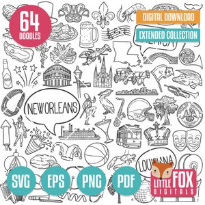 Iconos vectoriales de garabatos SVG de NUEVA ORLEANS. Imágenes prediseñadas del edificio de la ciudad. Línea para colorear de Luisiana. Cultura Viajes Turismo Diseño De Garabatos Dibujados A Mano.