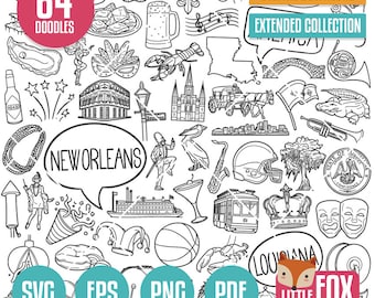 NEW ORLEANS SVG doodle vector icons. City Building clipart. Louisiana Coloring Line. Culture Travel Tourism Hand Drawn Scribble Design.