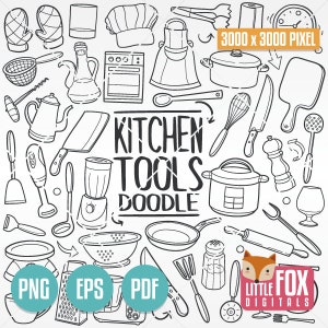 COZINHA, ícones vetoriais de rabiscos. FERRAMENTAS: Utensílios de cozinha. Conjunto de clipart de ícones de rabiscos. Clip art para colorir. Esboço para rabiscos.
