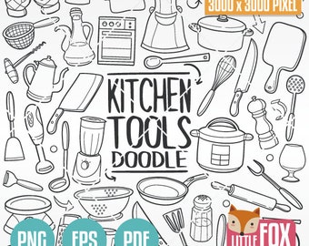KITCHEN, doodle vector icons. TOOLS Cooking Items of Kitchenware Objects. Doodle Icons Clipart Set. Coloring Clip art. Sketch Scribble.