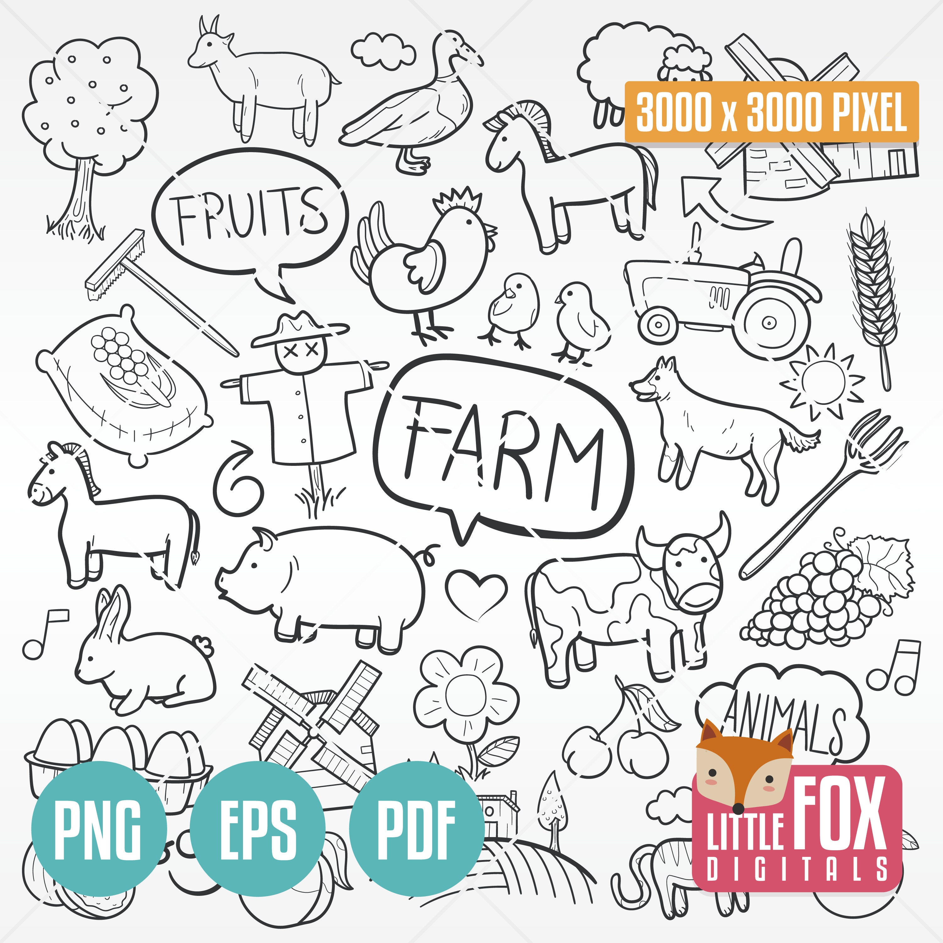 FARM ANIMALS doodle vector icons. Animals and Fruits Holidays | Etsy