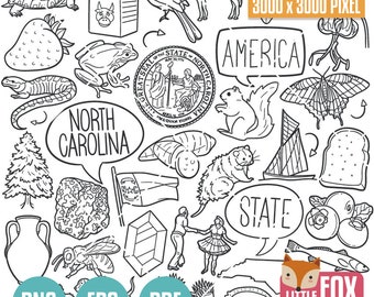 Op de afbeelding: Zwart-witte lijntekening van verschillende symbolen en pictogrammen die verband houden met North Carolina. De illustratie bevat een staatszegel, een eekhoorn, een kikker, een aardbei, een dennenboom, een zeilboot, een kardinaal, een vis, een bij, een kan, een kristal, een vlag van de staat, een berg, brood, een vlinder, een schildpad, een melkpak, een paard, een tand, een bosbes en de tekst "North Carolina" en "Amerika".
