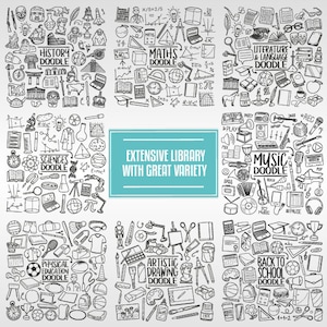 May include: A black and white doodle illustration of various school subjects, including history, math, science, music, literature, physical education, art, and back to school. The illustration is divided into nine squares, each representing a different subject. The text "EXTENSIVE LIBRARY WITH GREAT VARIETY" is written in a blue box in the center of the image.