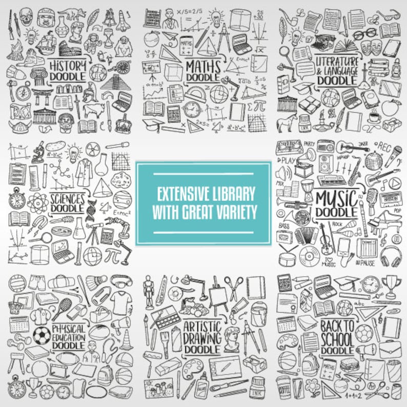 May include: A black and white doodle illustration of various school subjects, including history, math, science, music, literature, physical education, art, and back to school. The illustration is divided into nine squares, each representing a different subject. The text "EXTENSIVE LIBRARY WITH GREAT VARIETY" is written in a blue box in the center of the image.