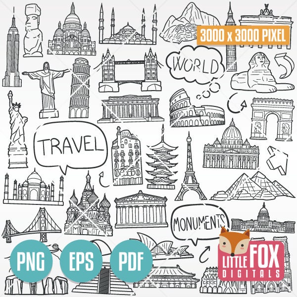 World Monuments Travel Doodle Art - Digital Download (PNG, EPS