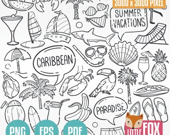 CARIBBEAN SUMMER, doodle vector icons. Tropical Vibes Vacations Travel . Beach Set Coloring Hand Drawn Collection Paradise Scrapbook Line.
