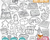 Board Games, Doodle clipart icons. Family Game Play Scrapbook Coloring Illustration. Playing Hand Drawn Stamp Line Art Vector Artwork.