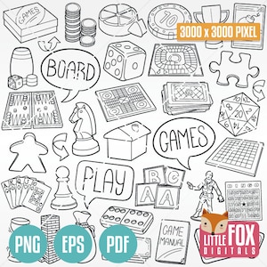Giochi da tavolo, icone clipart Doodle. Famiglia Gioco Gioca Scrapbook Colorazione Illustrazione. Riproduzione di opere d'arte vettoriali di arte della linea di francobolli disegnati a mano.