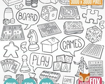 Board Games Doodle Clipart Icons. Family Game Play Scrapbook 