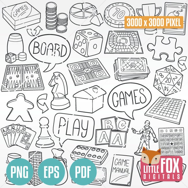 Board Games Doodle Clipart Icons. Family Game Play Scrapbook 