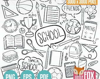 SCHOOL Clip art Doodle Icons. Graphic Illustration Vector Hand Drawn. Doodle Clipart Scrapbook Back to School. Coloring Line Art Hand Drawn.