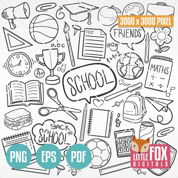 SCHOOL Clip art Doodle Icons. Graphic Illustration Vector Hand Drawn. Doodle Clipart Scrapbook Back to School. Coloring Line Art Hand Drawn.