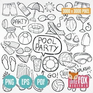 May include: Black and white line art illustrations of pool party items, including a pool float, sunglasses, a watermelon, a grill, a beach umbrella, a drink with a straw, a beach ball, flip flops, a life preserver, a swimsuit, a popsicle, a snorkel, a pineapple, a volleyball, and the text "Pool Party".
