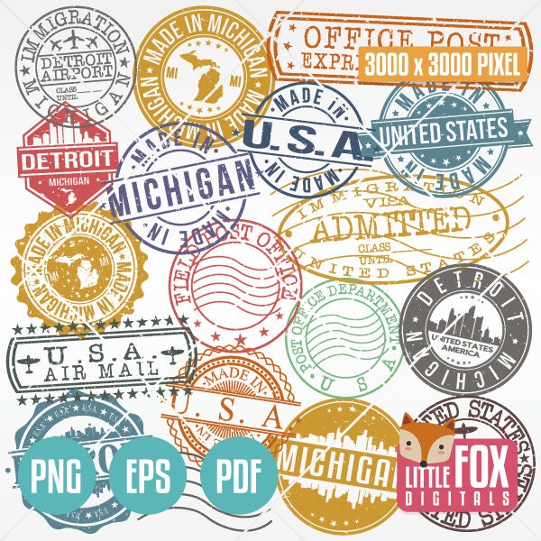 DETROIT MICHIGAN, USA Set of Stamps. Made in Seal, Travel Passport Postage Grunge. Map and Skyline Silhouette Clipart Digital Illustration.