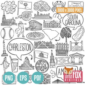 CHARLESTON, South Carolina DOODLE Icons. Travel America Tourism. Culture and Symbols. Buildings Clipart Scrapbook. Set Hand Drawn Line Art.