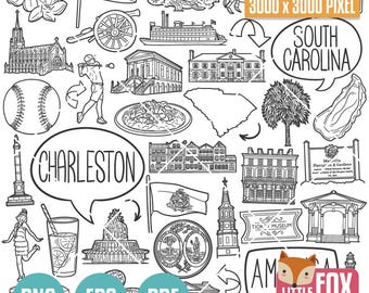 CHARLESTON, South Carolina DOODLE Icons. Travel America Tourism. Culture and Symbols. Buildings Clipart Scrapbook. Set Hand Drawn Line Art.