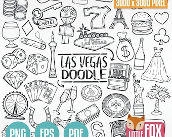 LAS VEGAS Nevada, Casino Party Marriage Doodle. Icons Clipart Scrapbook. Hand Drawn Line Art Design Coloring Sketch. Las Vegas Party.