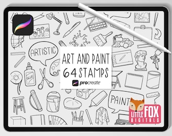 ART PAINT STAMPS, Procreate Brushes, Art Supplies Icons, Artistic Bundle Doodles. Painting Digital Sticker Planner Scrapbook Set Coloring.