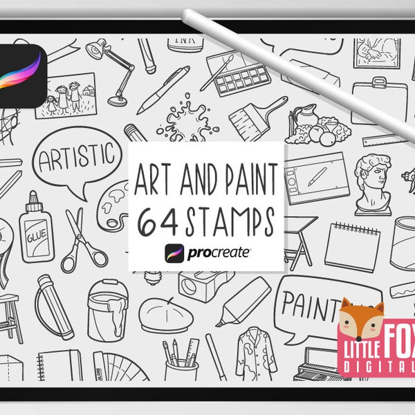 ART PAINT STAMPS, Procreate Brushes, Art Supplies Icons, Artistic Bundle Doodles. Painting Digital Sticker Planner Scrapbook Set Coloring.