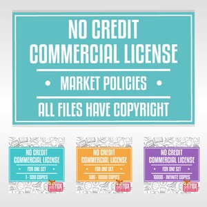 May include: A turquoise blue sign with the text "NO CREDIT COMMERCIAL LICENSE" in white. Below the text is a black line with the text "MARKET POLICIES" in white. Below that is another black line with the text "ALL FILES HAVE COPYRIGHT" in white. There are three smaller signs with the same text, but different color backgrounds and copy numbers. The first sign is orange and says "1-500 COPIES". The second sign is yellow and says "500-10000 COPIES". The third sign is purple and says "10000-INFINITE COPIES".