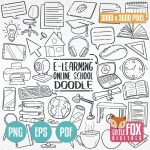 May include: Black and white doodle illustration of various school and e-learning related items, including a laptop, a globe, a graduation cap, a book, a clock, a pencil, a lightbulb, a house, a printer, a keyboard, a mouse, a magnifying glass, a cup of coffee, a desk, a chair, a webcam, a pair of headphones, a tablet, an arrow, a folder, a scroll, a can, a lamp, a ruler, a speech bubble, an email symbol, and a fox. The text "E-LEARNING ONLINE SCHOOL DOODLE" is written in the center of the image.