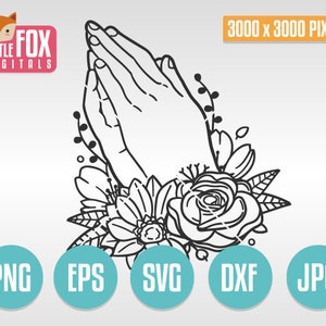 PRAYING HANDS FLORAL, Vintage Love, flower doodle. Religion Cuttable boho Design File Vector. Christian design Silhouette Cut Design Vector.