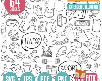 FITNESS, SVG doodle vector icons. Bodybuild GYM Fitness Crossfit Tools Healthy Sport Icons Clipart. Artwork Coloring Hand Drawn Sketch.